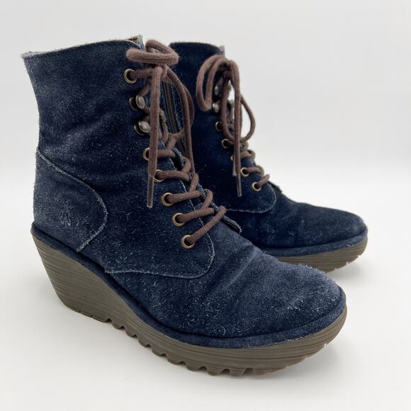 Fly London Shoes - FLY London Platform Wedge Lace Up Bootie EU 39 US 8.5 Blue Suede Leather Bootie